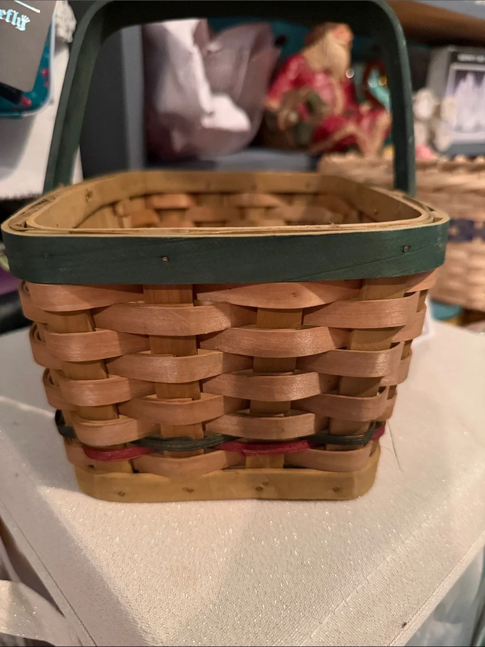 Holiday Memories Handwoven Snowman Accent Basket with Green Handle